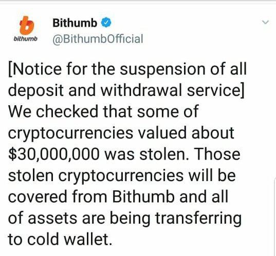 В результате взлома Bithumb были украдены криптовалюты на $31 миллион