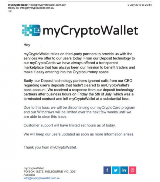Биржа myCryptoWallet приостановила обслуживание