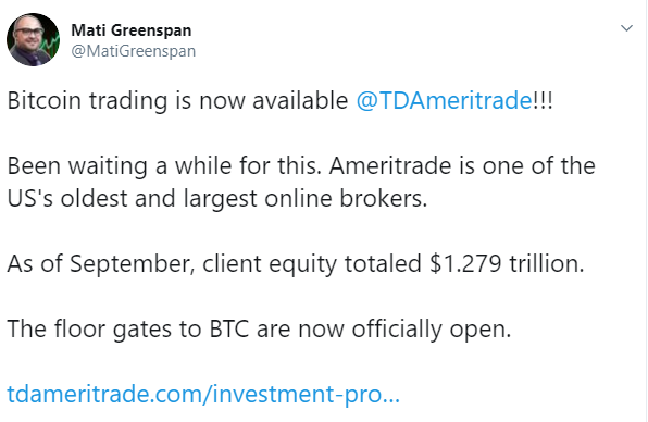 TD Ameritrade не объявлял о начале торговли биткоином