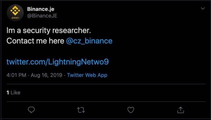 Twitter-аккаунт биржи Binance Jersey был взломан. Хакер попросил Чанпэна Чжао связаться с ним лично 